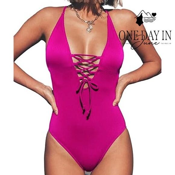 Cupshe Ribbed Lace Up Front Swimsuit Size M - Picture 1 of 7